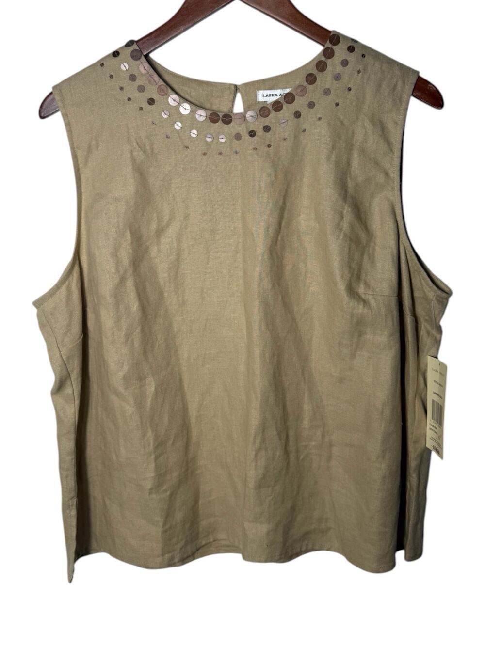 NWT Deadstock Vtg Laura Ashley 100% Linen Embellished Neck Top L Granola Khaki